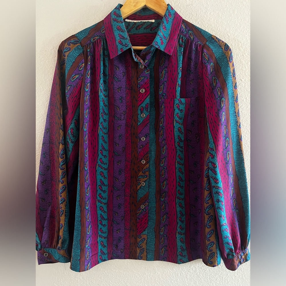 Vintage Schrader Sport SZ S/M Paisley Stripe Retro Boho Button Up Dress Shirt‎